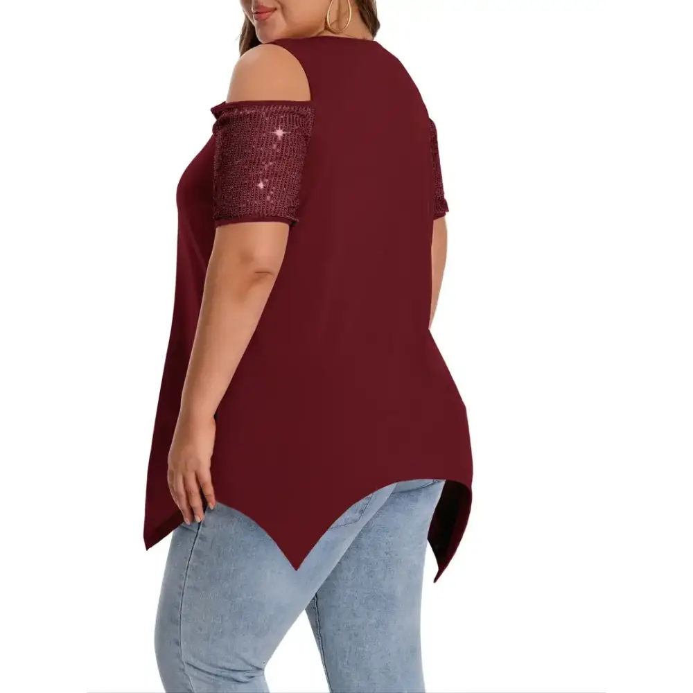 Stylish Elegant Plus Size Sequin Detail T-Shirt features a crew neck and medium stretch knit fabric in a solid color.