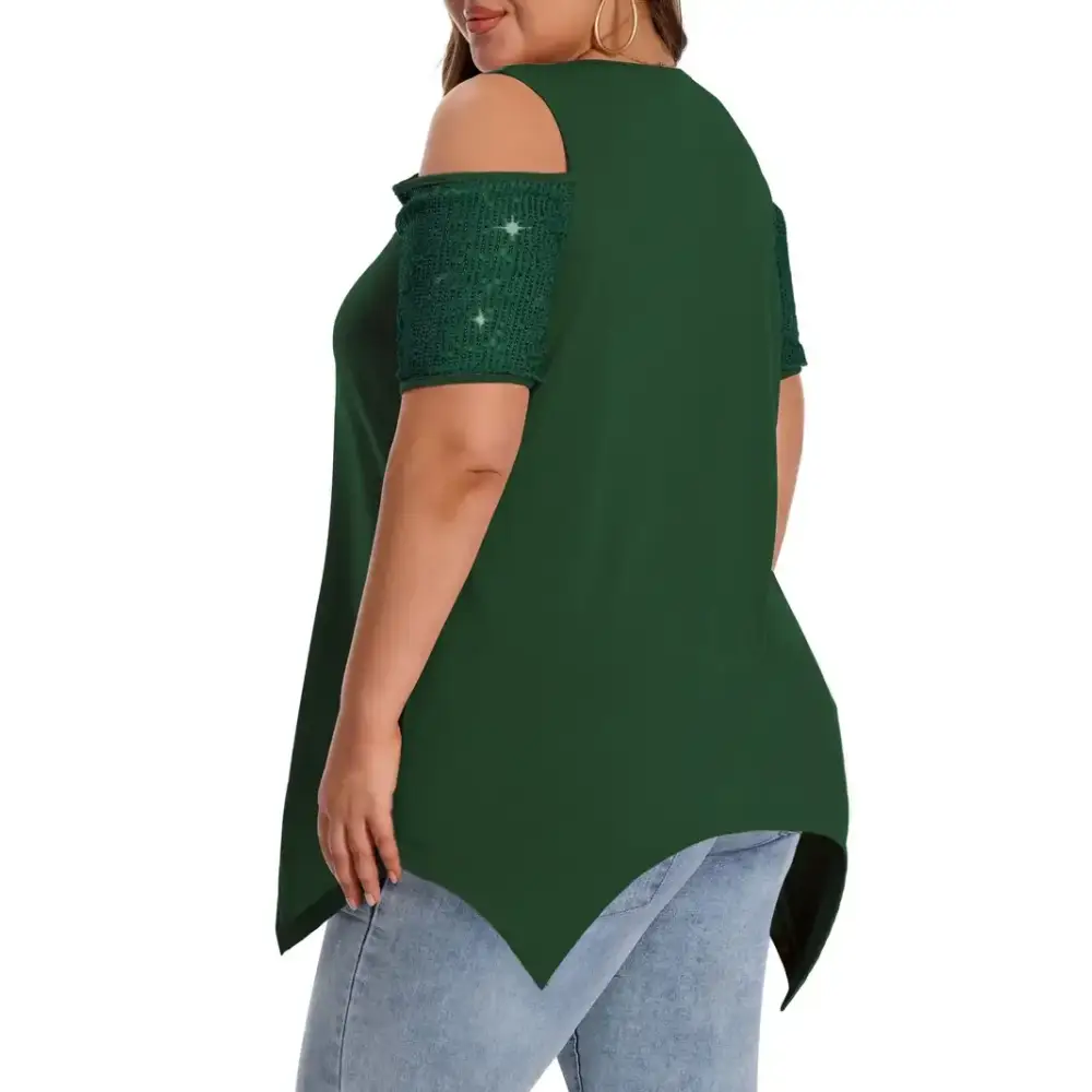 Elegant Plus Size Sequin Detail T-Shirt features a crew neck, medium stretch knit fabric, and stylish sequin accents.