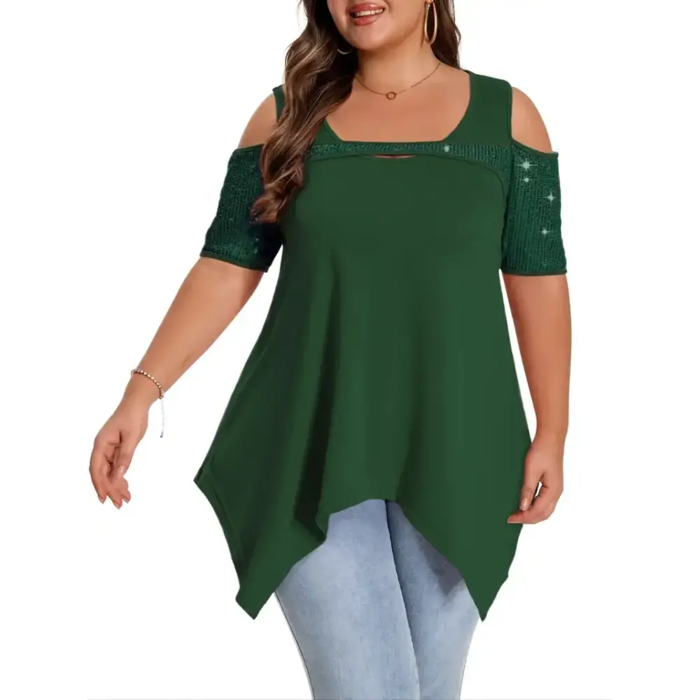 Stylish Elegant Plus Size Sequin Detail T-Shirt in solid green, featuring a crew neck and medium stretch knit fabric.