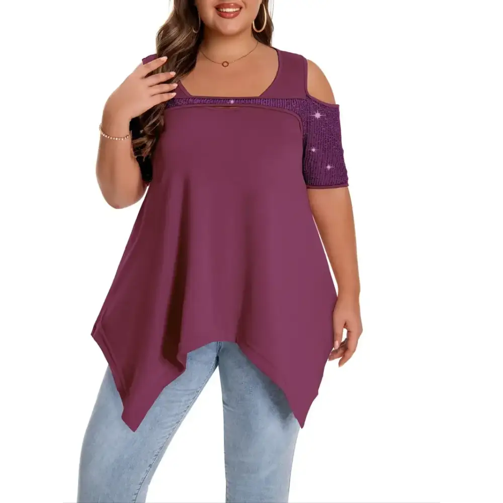 Elegant Plus Size Sequin Detail T-Shirt in solid color features a crew neck and medium stretch for a stylish look.