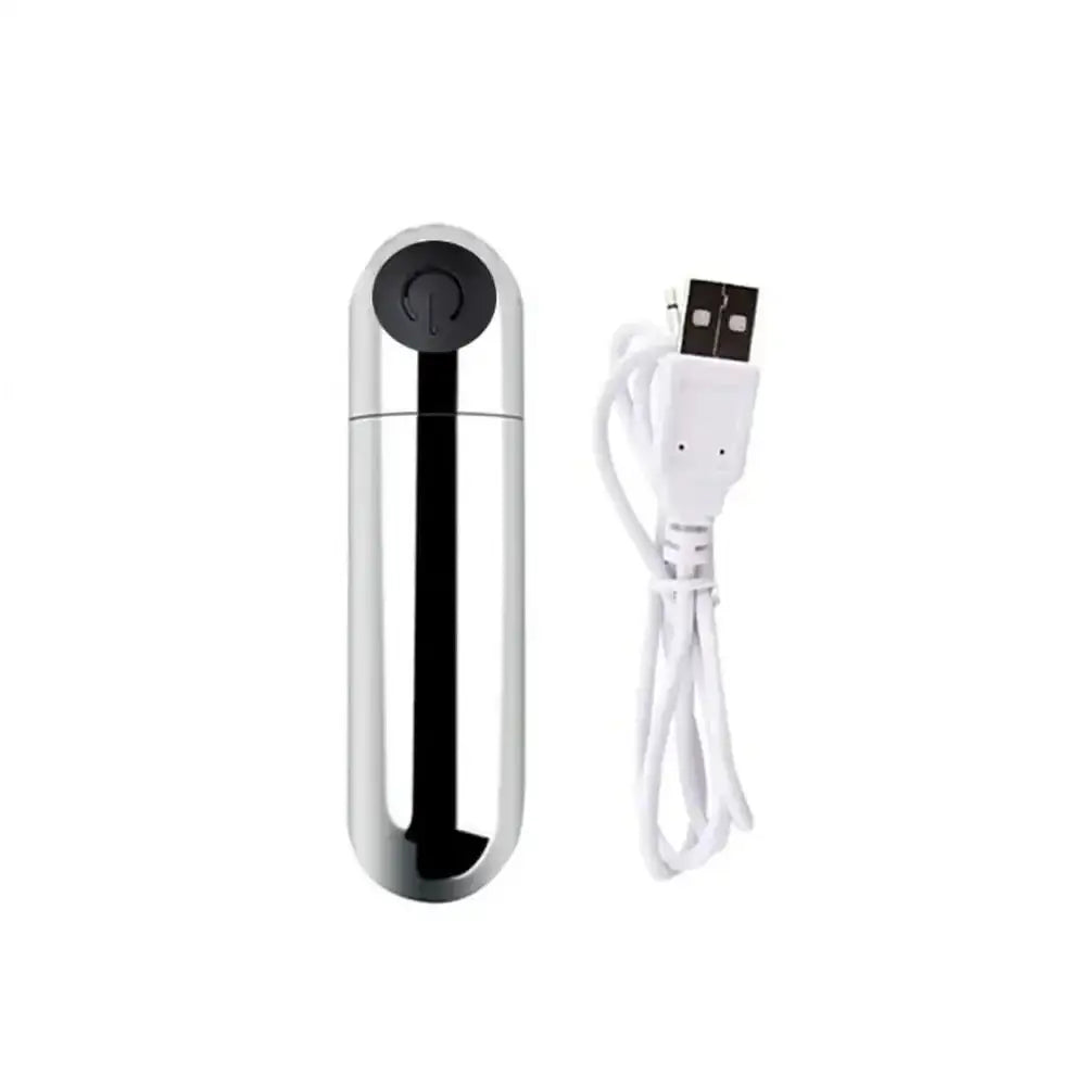 Silver bullet vibrator with USB charging cable for clitoral and G-spot stimulation.