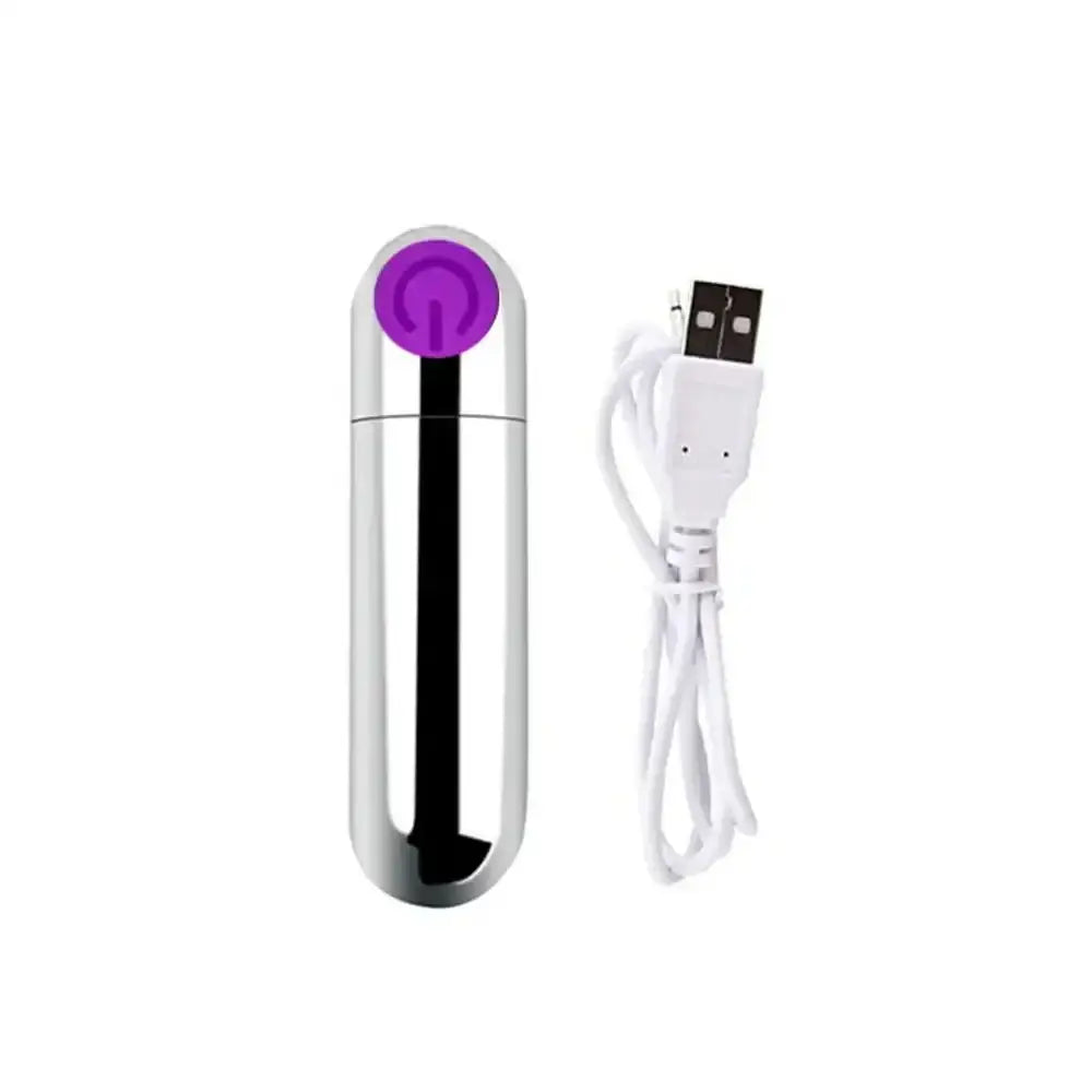 Silver bullet vibrator with purple power button and USB charging cable.