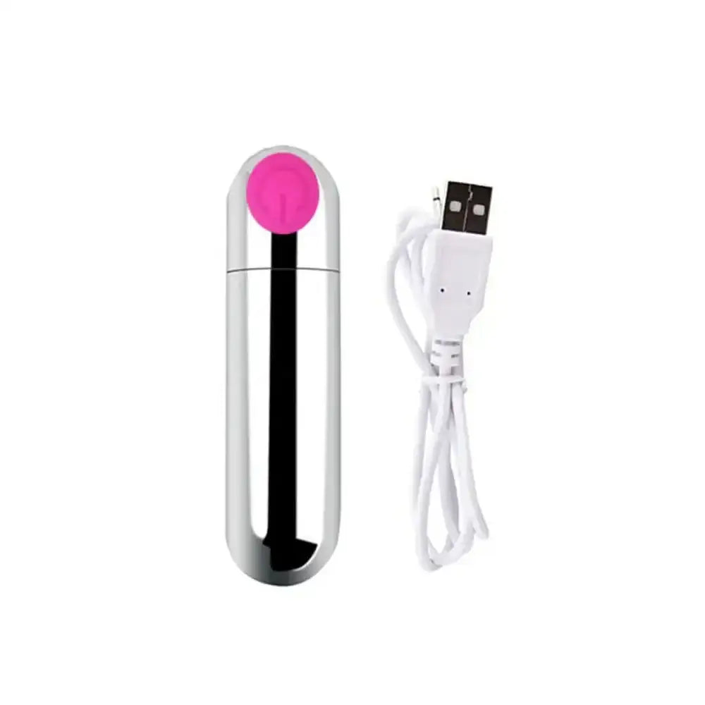 Silver bullet vibrator with pink button and USB charging cable.